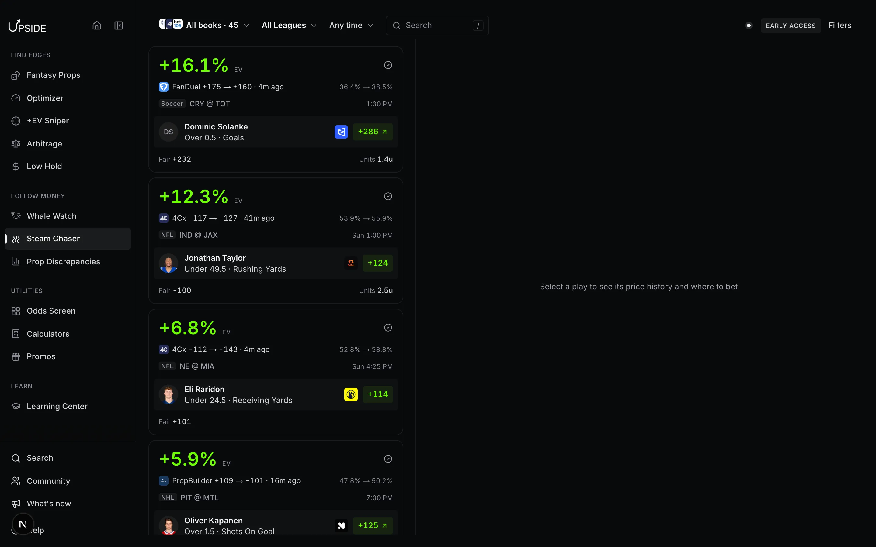 Steam Chaser showing plays where a sharp book moved toward the bet, with the old and new price and the expected value.