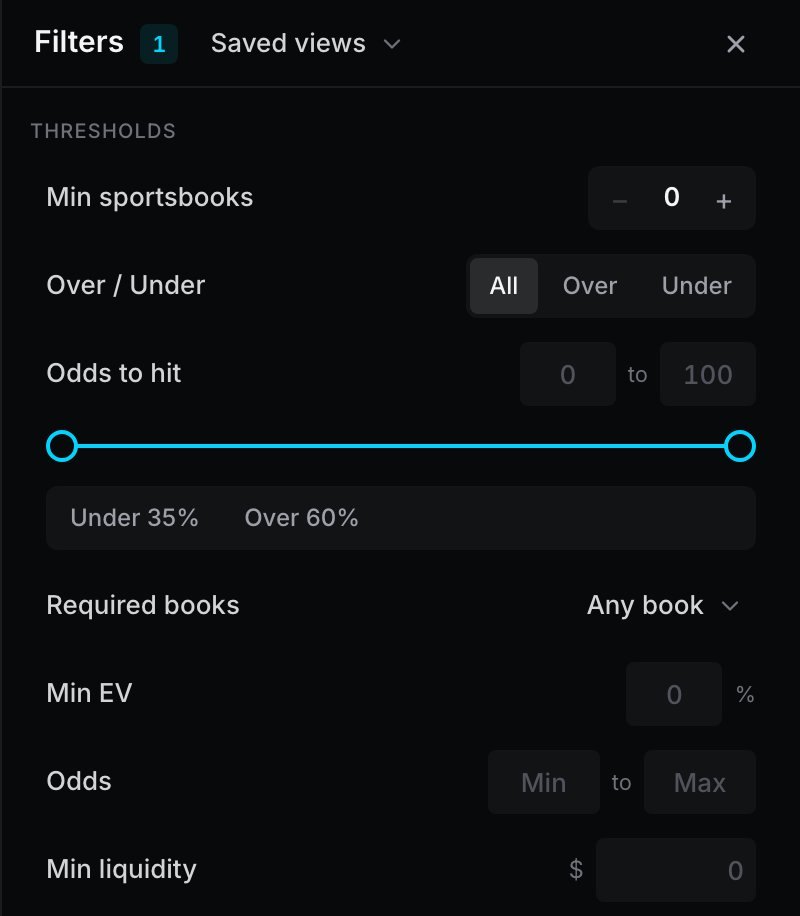The Sniper filters with Min sportsbooks, Over or Under, Required books and Min EV