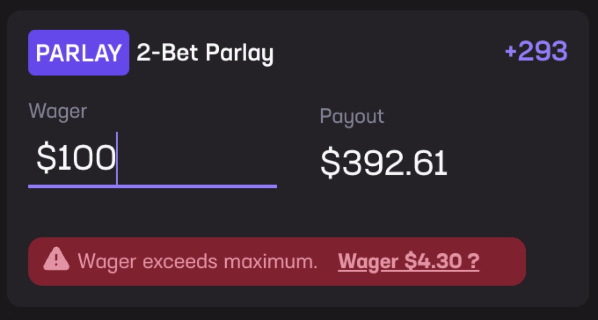 A Hard Rock Bet slip rejecting a one hundred dollar wager and offering to accept four dollars and thirty cents instead