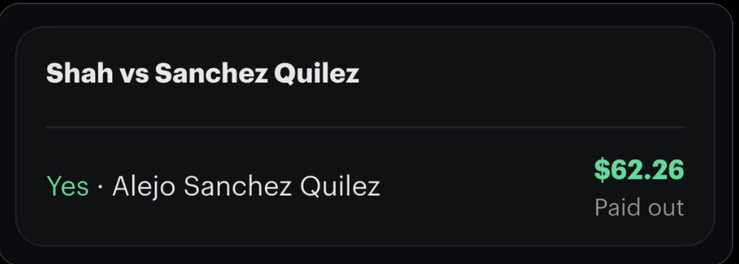 The settled position for Shah versus Sanchez Quilez showing Yes on Alejo Sanchez Quilez paid out at 62 dollars 26 cents