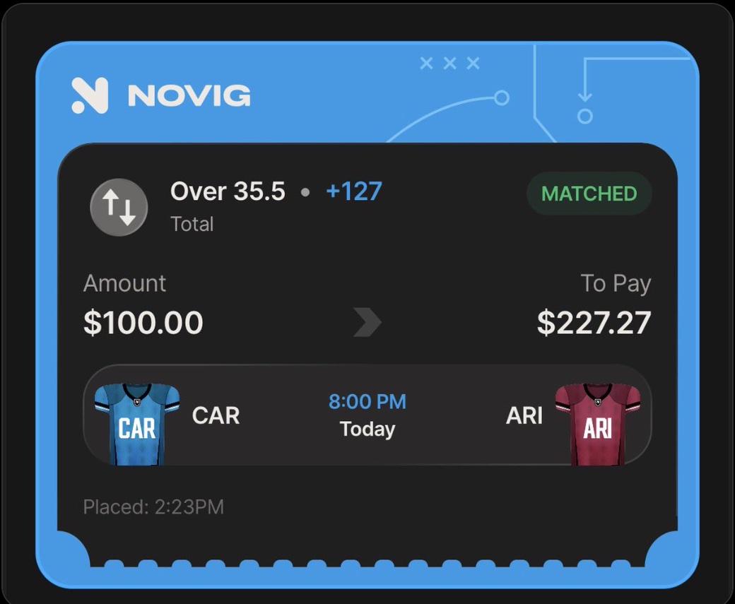 The placed ticket: Over 35.5 total at plus 127, one hundred dollars staked to pay two hundred twenty seven dollars and twenty seven cents on Carolina versus Arizona