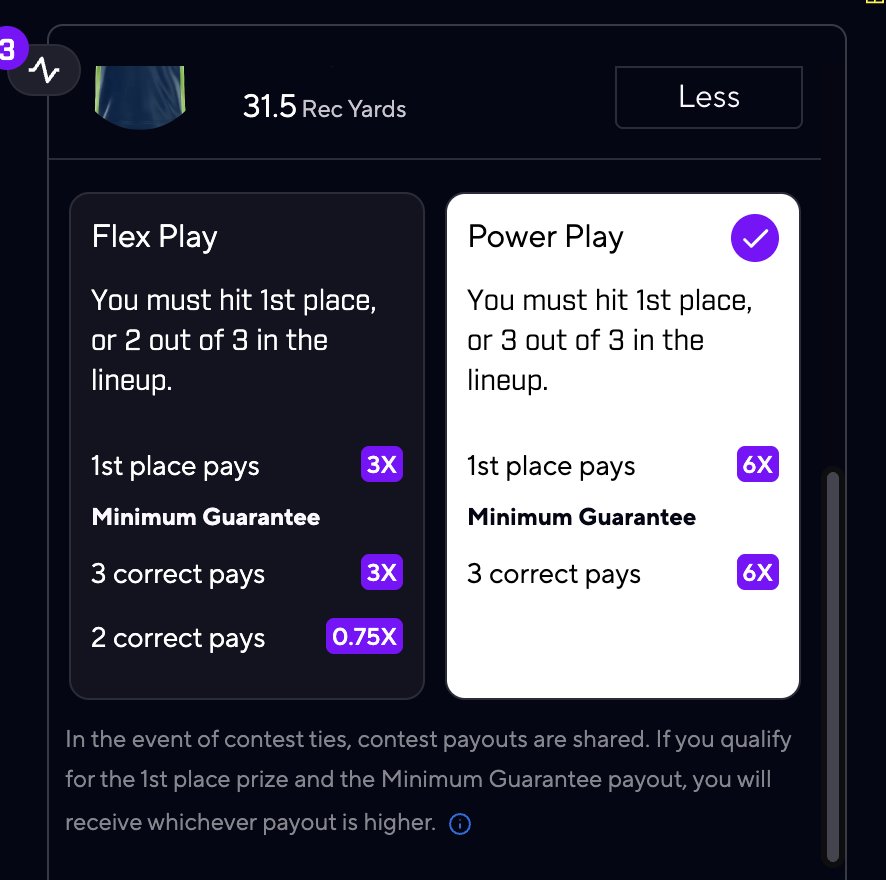 A DFS payout panel comparing Flex Play against Power Play for a three-man slip, with Power Play still paying the standard 6X on three correct