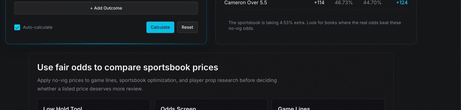 The no vig calculator with Cameron under 5.5 at -137 and over 5.5 at +114, reporting 4.53 percent vig and a fair probability of 55.30 percent on the under