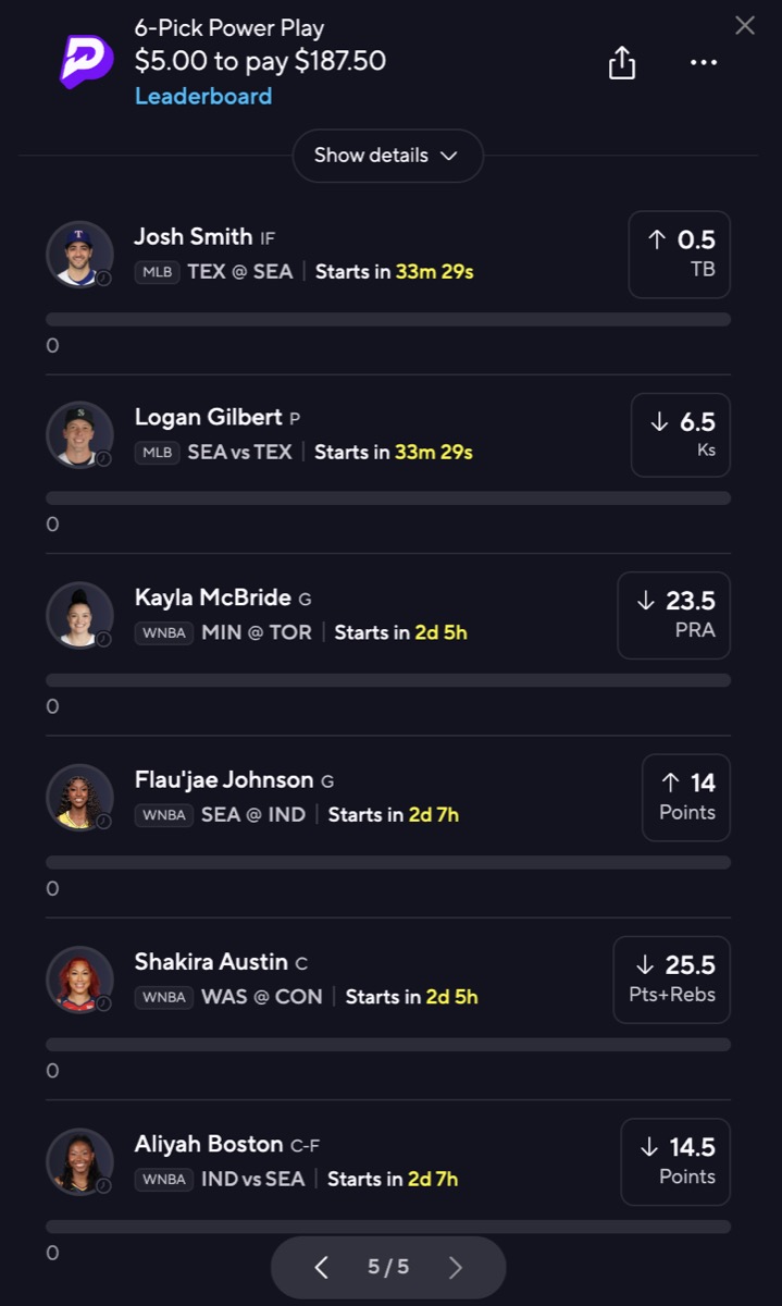 A 6-pick Power Play slip holding a correlated pair, $5.00 to pay $187.50