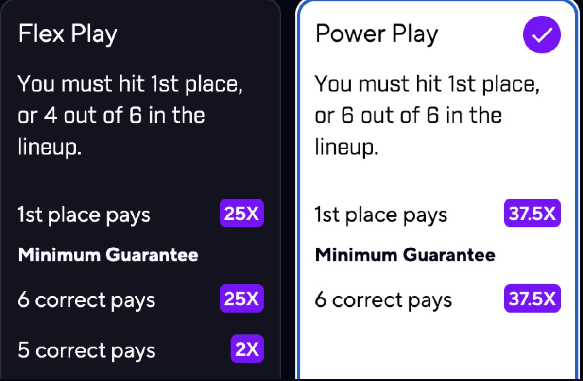 PrizePicks 6-pick modal — Flex Play pays 25X, Power Play pays 37.5X