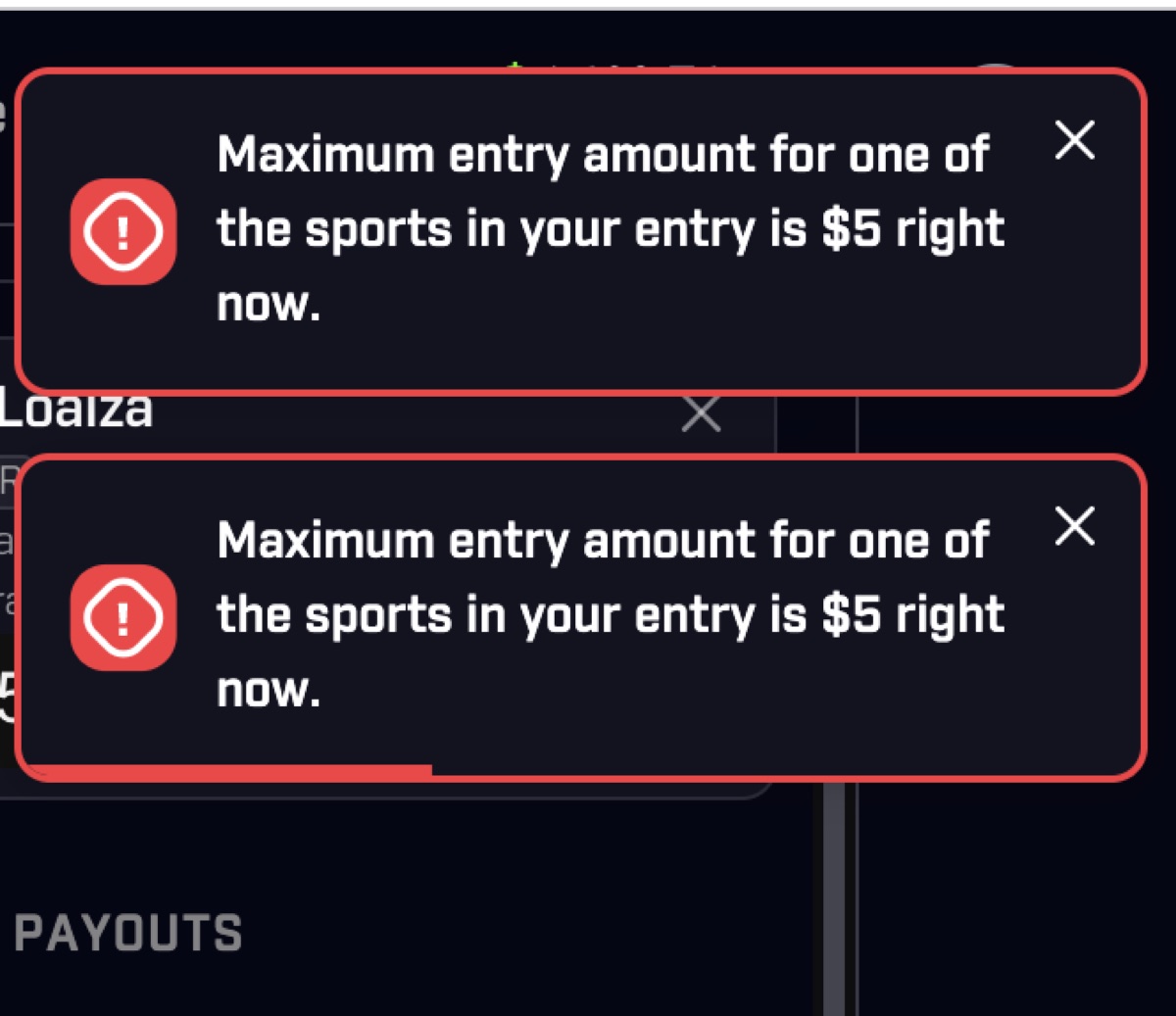 A PrizePicks entry screen showing a five dollar maximum entry cap on a slip