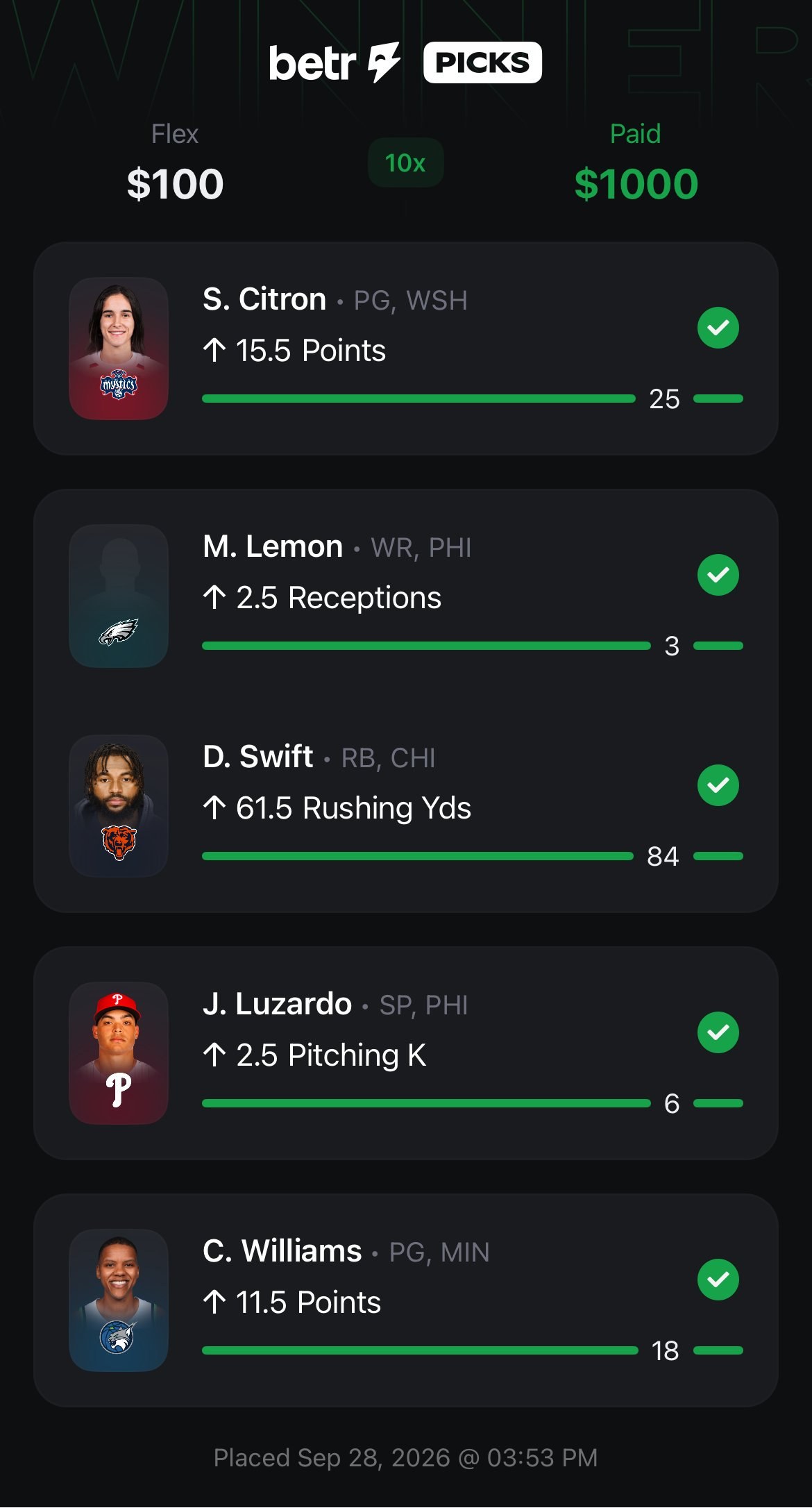 Cine's Betr Picks slip placed September 28, 2026: Flex, $100 at 10x, paid $1,000. S. Citron over 15.5 points, M. Lemon over 2.5 receptions, D. Swift over 61.5 rushing yards, J. Luzardo over 2.5 strikeouts, C. Williams over 11.5 points, all hit