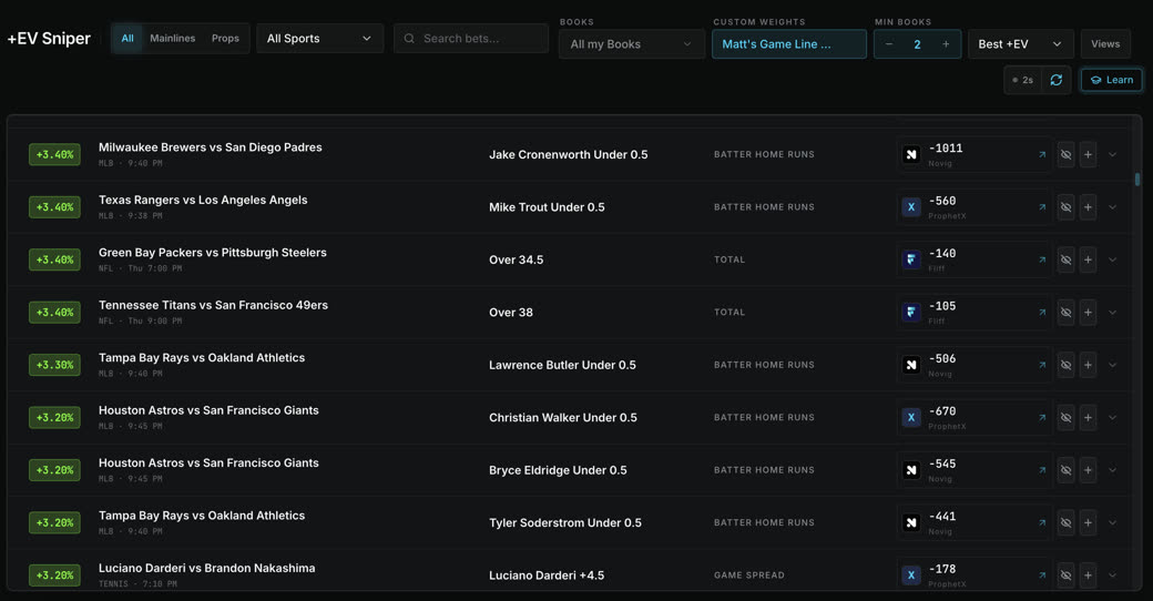 A live board listing bets across several sports ranked by expected value percentage, each showing the market and the book offering the best price