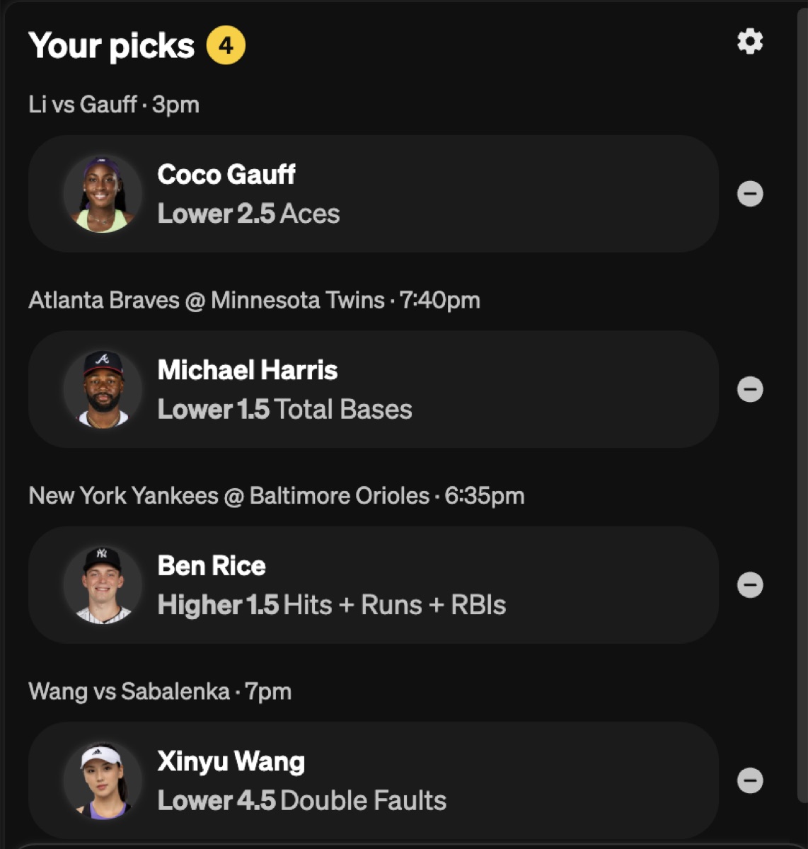 A four pick Underdog entry: Coco Gauff lower 2.5 aces, Michael Harris lower 1.5 total bases, Ben Rice higher 1.5 hits runs and RBIs, and Xinyu Wang lower 4.5 double faults