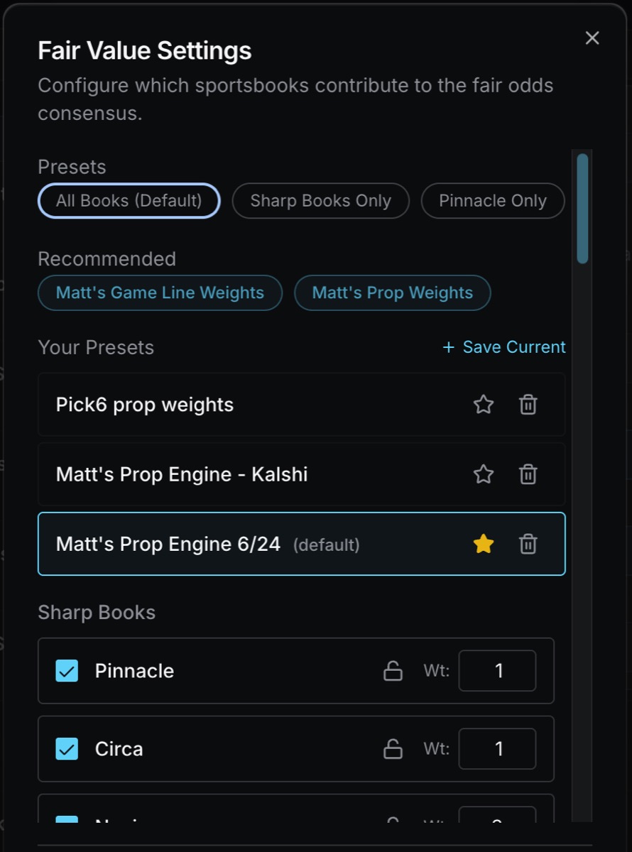 A fair value settings panel showing All Books, Sharp Books Only and Pinnacle Only presets above a list of saved custom presets