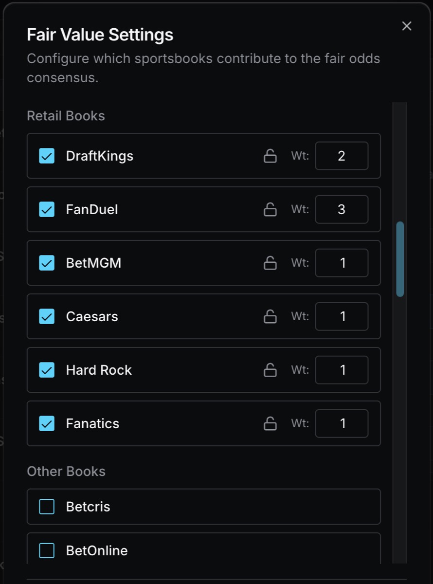A settings panel showing retail book weights, DraftKings 2, FanDuel 3, BetMGM 1, Caesars 1, Hard Rock 1, Fanatics 1, with Betcris and BetOnline unchecked below them