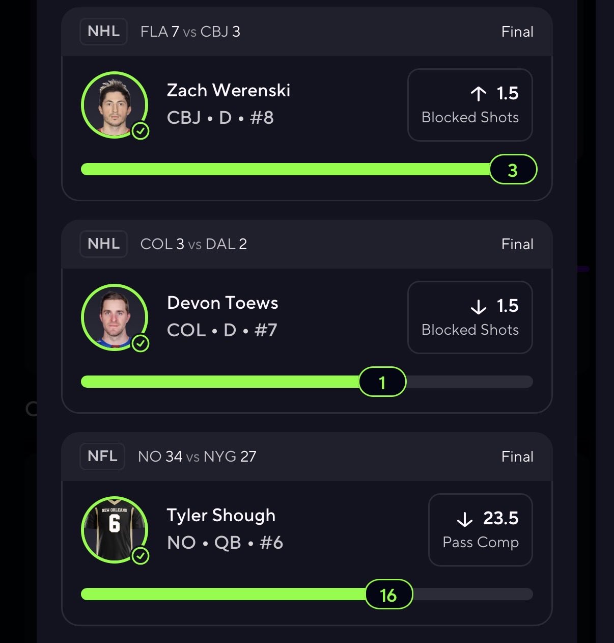 Final results for the PrizePicks 3 pick: Zach Werenski over 1.5 blocked shots finished with 3, Devon Toews under 1.5 blocked shots finished with 1, Tyler Shough under 23.5 pass completions finished with 16