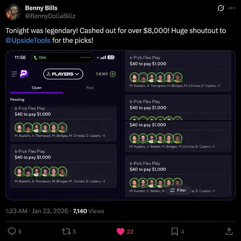 Benny Bills (@BennyDollaBillz) reports cashing out over $8,000 in one night and thanks Upside. Original review posted January 23, 2026.